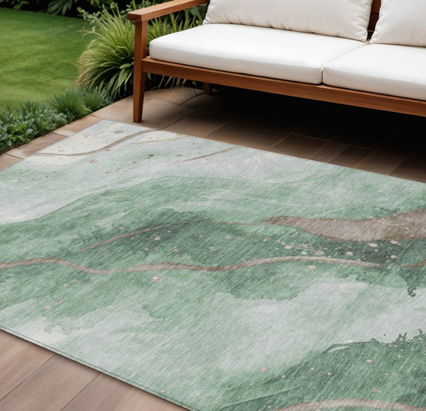 HomeRoots 5' Modern Green and Taupe Abstract Washable Area Rug for Indoor and Outdoor Spaces, Durable Design 9' X 12' 611373