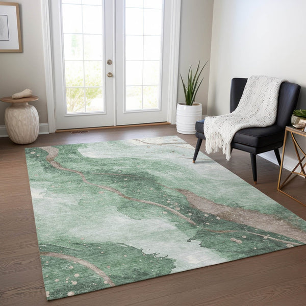 HomeRoots 5' Modern Green and Taupe Abstract Washable Area Rug for Indoor and Outdoor Spaces, Durable Design 10' X 14' 611374