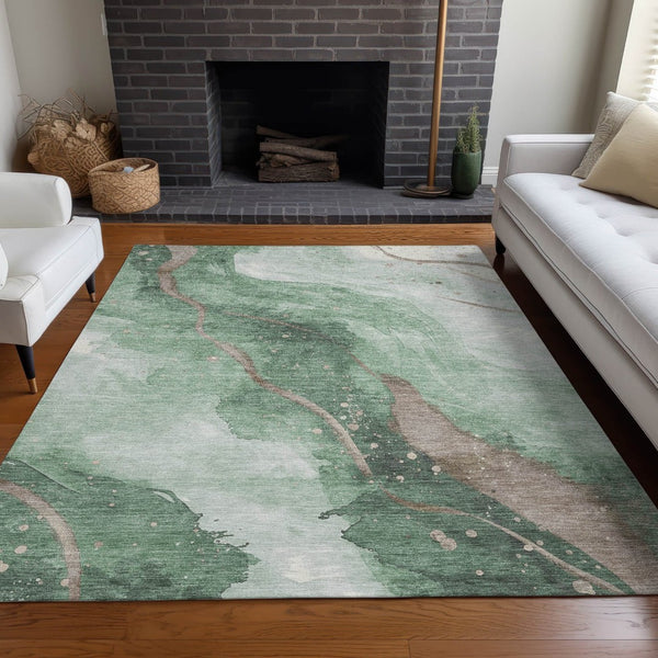 HomeRoots 5' Modern Green and Taupe Abstract Washable Area Rug for Indoor and Outdoor Spaces, Durable Design 10' X 14' 611374