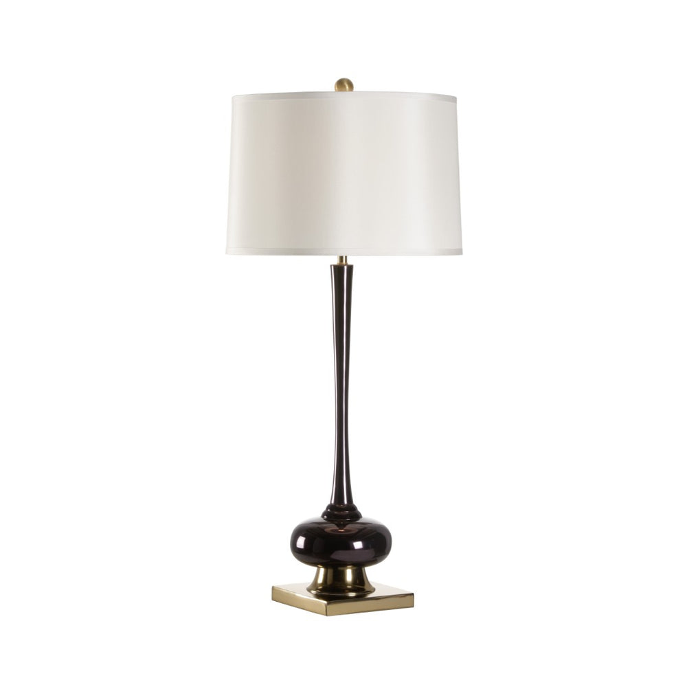 Wildwood Amaya High-Gloss Black Enamel Bottle Lamp With Off-White Silk Shade, Brass Accents — Slim 40.5" 61138