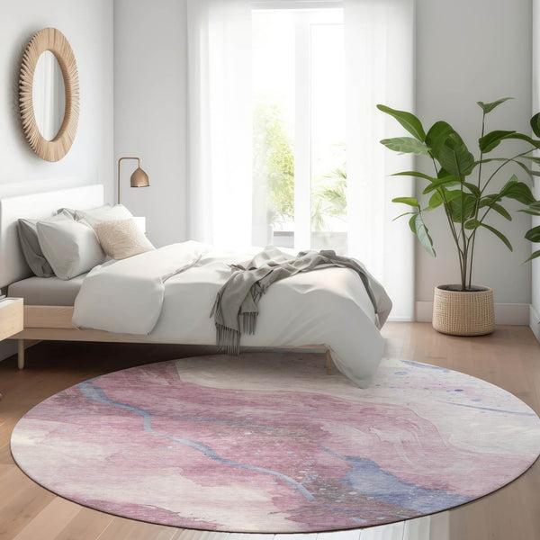 HomeRoots 5' Stylish Mauve and Pink Abstract Washable Area Rug for Indoor and Outdoor Spaces, Easy Care 8' Round 611383