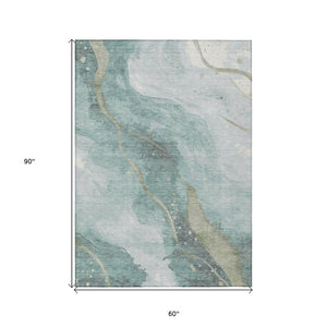 HomeRoots 5' Teal Blue and Aqua Abstract Area Rug for Indoor & Outdoor Use | Stylish, Washable & Durable Design 5' X 8' 611388