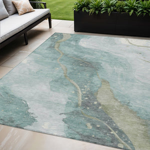 HomeRoots 5' Teal Blue and Aqua Abstract Area Rug for Indoor & Outdoor Use | Stylish, Washable & Durable Design 5' X 8' 611388