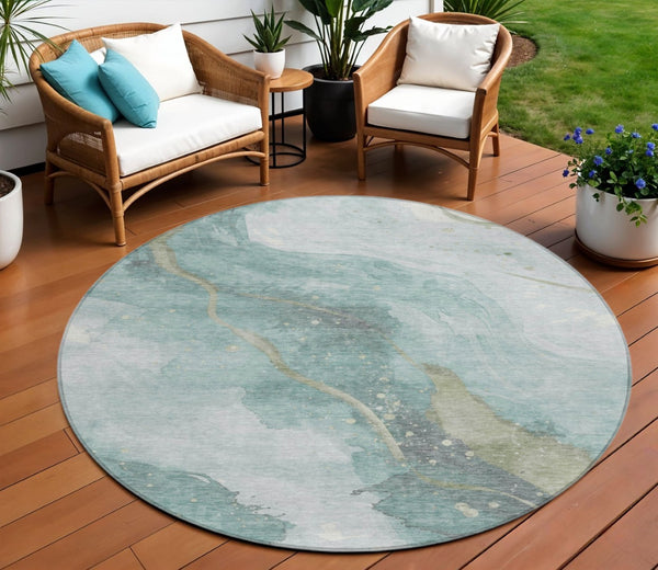 HomeRoots 5' Teal Blue and Aqua Abstract Area Rug for Indoor & Outdoor Use | Stylish, Washable & Durable Design 8' Round 611389
