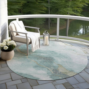 HomeRoots 5' Teal Blue and Aqua Abstract Area Rug for Indoor & Outdoor Use | Stylish, Washable & Durable Design 8' Round 611389