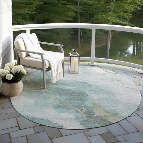 HomeRoots 5' Teal Blue and Aqua Abstract Area Rug for Indoor & Outdoor Use | Stylish, Washable & Durable Design 8' Round 611389