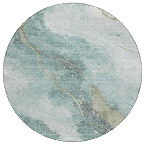 HomeRoots 5' Teal Blue and Aqua Abstract Area Rug for Indoor & Outdoor Use | Stylish, Washable & Durable Design 8' Round 611389