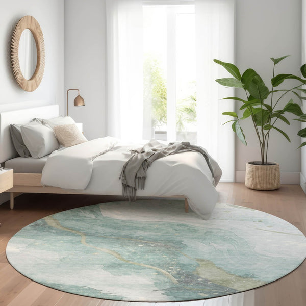 HomeRoots 5' Teal Blue and Aqua Abstract Area Rug for Indoor & Outdoor Use | Stylish, Washable & Durable Design 8' Round 611389