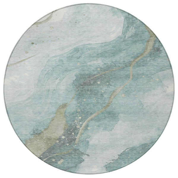 HomeRoots 5' Teal Blue and Aqua Abstract Area Rug for Indoor & Outdoor Use | Stylish, Washable & Durable Design 8' Round 611389