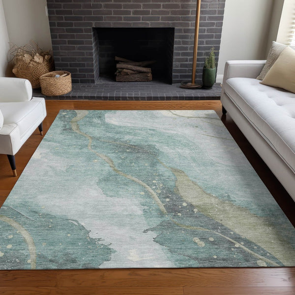 HomeRoots 5' Teal Blue and Aqua Abstract Area Rug for Indoor & Outdoor Use | Stylish, Washable & Durable Design 8' X 10' 611390