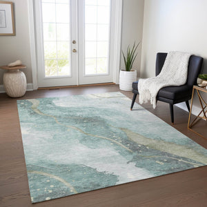 HomeRoots 5' Teal Blue and Aqua Abstract Area Rug for Indoor & Outdoor Use | Stylish, Washable & Durable Design 9' X 12' 611391