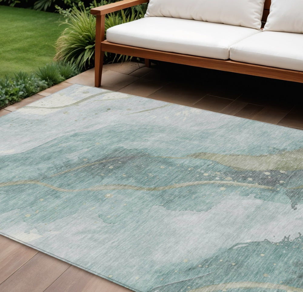 HomeRoots 5' Teal Blue and Aqua Abstract Area Rug for Indoor & Outdoor Use | Stylish, Washable & Durable Design 10' X 14' 611392