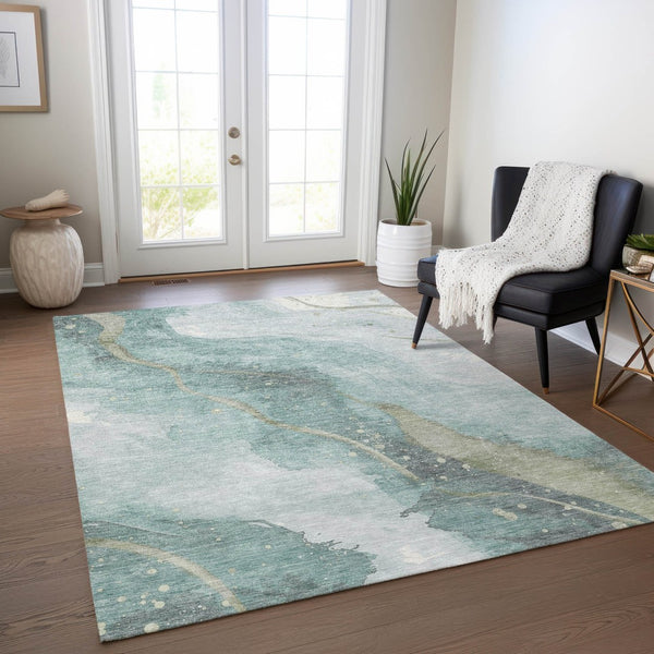 HomeRoots 5' Teal Blue and Aqua Abstract Area Rug for Indoor & Outdoor Use | Stylish, Washable & Durable Design 10' X 14' 611392