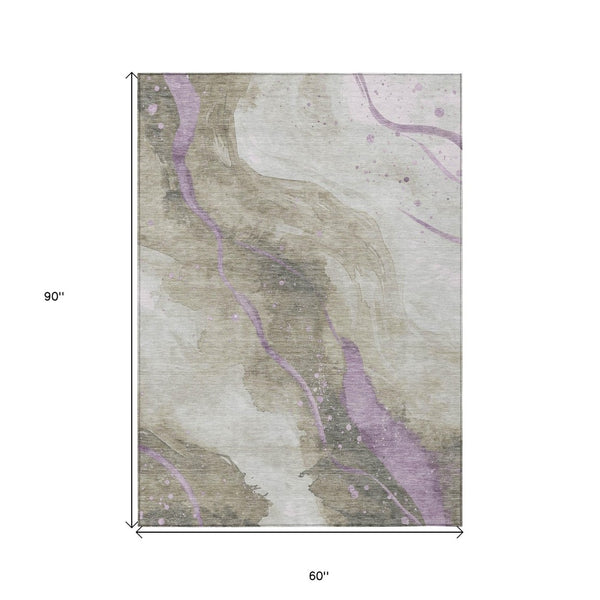 HomeRoots 5' Taupe and Lavender Abstract Area Rug - Stylish, Washable Design for Indoor and Outdoor Spaces 5' X 8' 611394