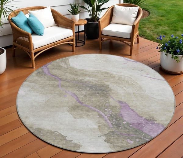 HomeRoots 5' Taupe and Lavender Abstract Area Rug - Stylish, Washable Design for Indoor and Outdoor Spaces 8' Round 611395