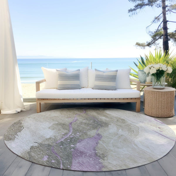 HomeRoots 5' Taupe and Lavender Abstract Area Rug - Stylish, Washable Design for Indoor and Outdoor Spaces 8' Round 611395