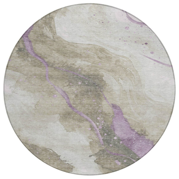 HomeRoots 5' Taupe and Lavender Abstract Area Rug - Stylish, Washable Design for Indoor and Outdoor Spaces 8' Round 611395