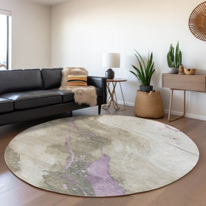 HomeRoots 5' Taupe and Lavender Abstract Area Rug - Stylish, Washable Design for Indoor and Outdoor Spaces 8' Round 611395