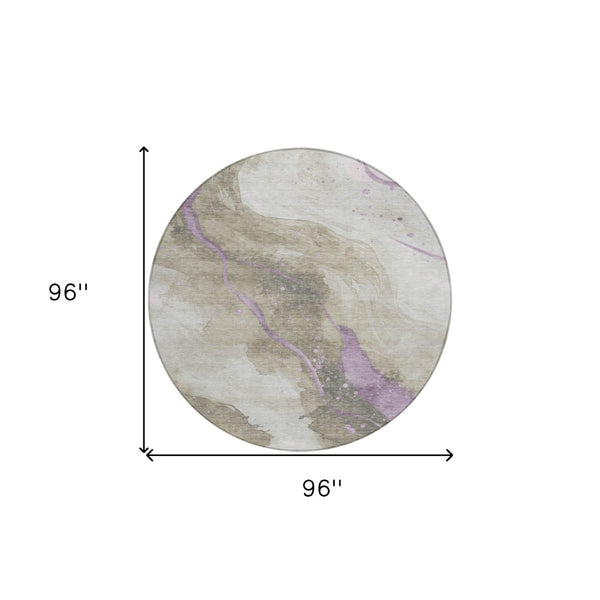 HomeRoots 5' Taupe and Lavender Abstract Area Rug - Stylish, Washable Design for Indoor and Outdoor Spaces 8' Round 611395