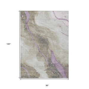 HomeRoots 5' Taupe and Lavender Abstract Area Rug - Stylish, Washable Design for Indoor and Outdoor Spaces 8' X 10' 611396
