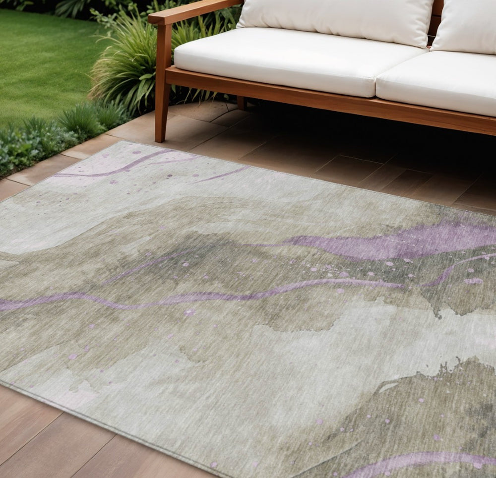 HomeRoots 5' Taupe and Lavender Abstract Area Rug - Stylish, Washable Design for Indoor and Outdoor Spaces 8' X 10' 611396