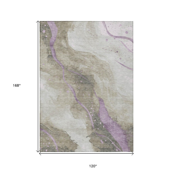 HomeRoots 5' Taupe and Lavender Abstract Area Rug - Stylish, Washable Design for Indoor and Outdoor Spaces 10' X 14' 611398