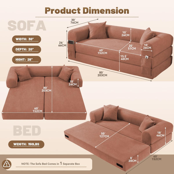 English Elm Convertible Corduroy Sleeper Sofa Queen Fold Out Bed with Dual Storage Pockets Pink W3396P483178