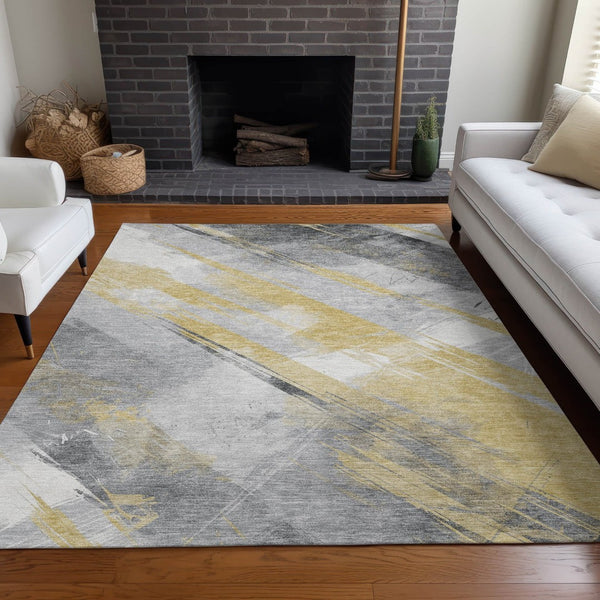 HomeRoots 5' Stylish Striped Washable Area Rug for Indoor and Outdoor Spaces - Durable, Easy-Clean Design Gold 5' x 7'6" 611406