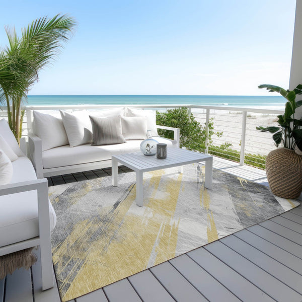 HomeRoots 5' Stylish Striped Washable Area Rug for Indoor and Outdoor Spaces - Durable, Easy-Clean Design Gold 9' x 12' 611409