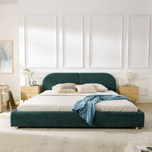 English Elm King Platform Bed Fully Upholstered in Plush Chenille with Low Profile Modern Frame Green W487S00475
