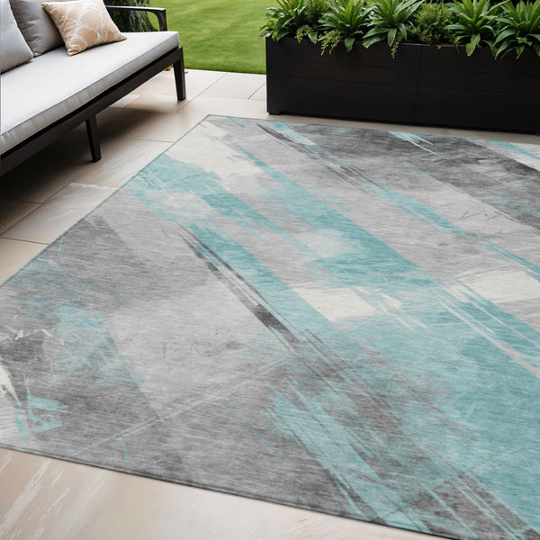 HomeRoots 5' Stylish Striped Washable Area Rug for Indoor and Outdoor Spaces - Durable, Easy-Clean Design Teal 5' x 7'6" 611430