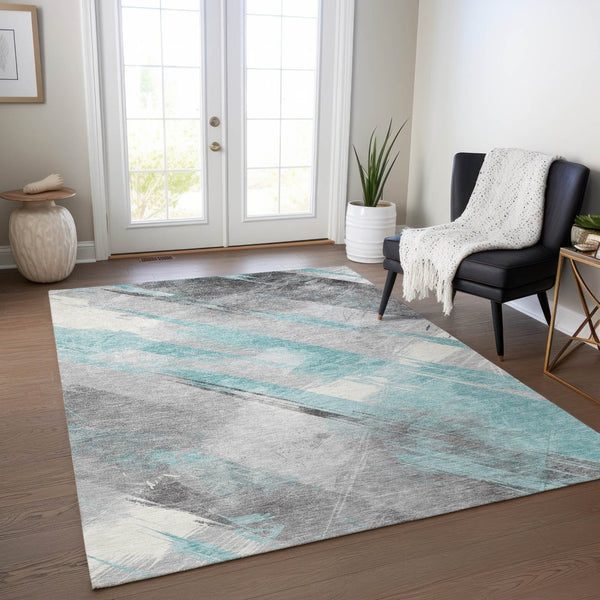 HomeRoots 5' Stylish Striped Washable Area Rug for Indoor and Outdoor Spaces - Durable, Easy-Clean Design Teal 5' x 7'6" 611430