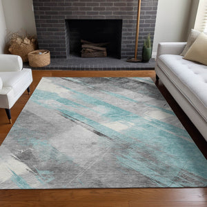 HomeRoots 5' Stylish Striped Washable Area Rug for Indoor and Outdoor Spaces - Durable, Easy-Clean Design Teal 5' x 7'6" 611430