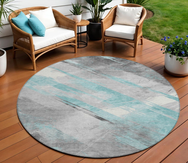 HomeRoots 5' Stylish Striped Washable Area Rug for Indoor and Outdoor Spaces - Durable, Easy-Clean Design Teal 8' x 8' 611431
