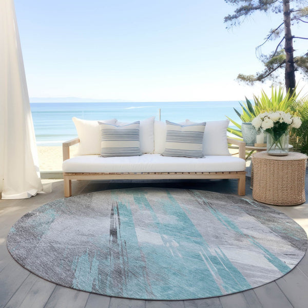 HomeRoots 5' Stylish Striped Washable Area Rug for Indoor and Outdoor Spaces - Durable, Easy-Clean Design Teal 8' x 8' 611431