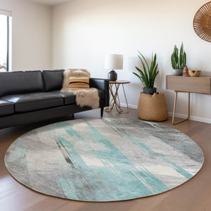 HomeRoots 5' Stylish Striped Washable Area Rug for Indoor and Outdoor Spaces - Durable, Easy-Clean Design Teal 8' x 8' 611431