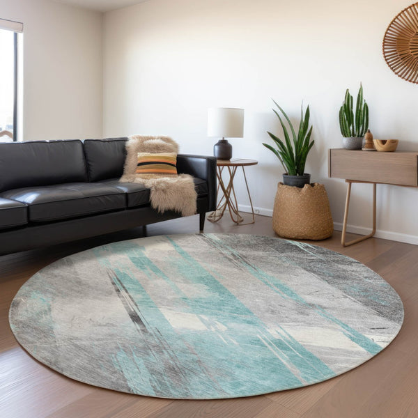 HomeRoots 5' Stylish Striped Washable Area Rug for Indoor and Outdoor Spaces - Durable, Easy-Clean Design Teal 8' x 8' 611431