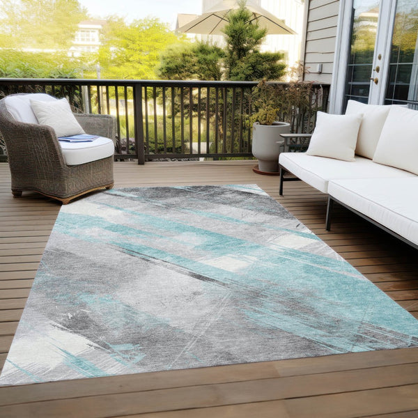HomeRoots 5' Stylish Striped Washable Area Rug for Indoor and Outdoor Spaces - Durable, Easy-Clean Design Teal 9' x 12' 611433