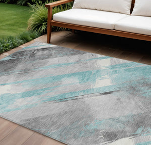 HomeRoots 5' Stylish Striped Washable Area Rug for Indoor and Outdoor Spaces - Durable, Easy-Clean Design Teal 10' x 14' 611434