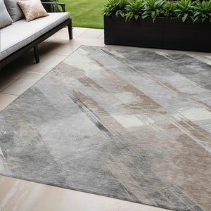 HomeRoots 5' Stylish Striped Washable Area Rug for Indoor and Outdoor Spaces - Durable, Easy-Clean Design Taupe 5' x 7'6" 611436