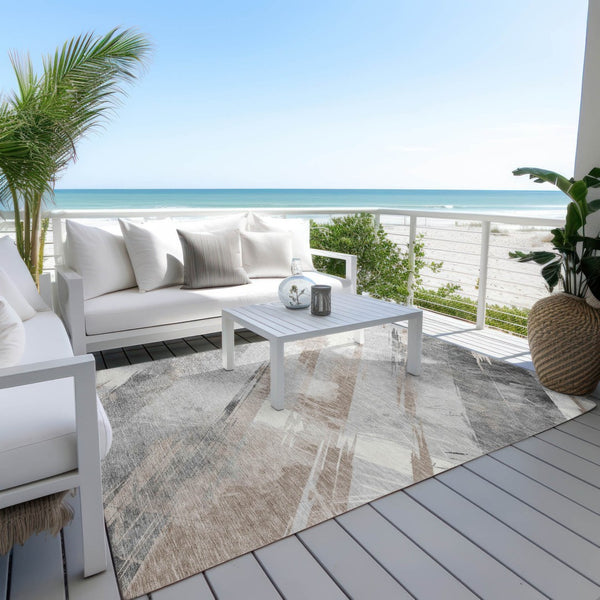 HomeRoots 5' Stylish Striped Washable Area Rug for Indoor and Outdoor Spaces - Durable, Easy-Clean Design Taupe 10' x 14' 611440