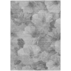 HomeRoots 5' Timeless Floral Charcoal Area Rug - Machine Washable, Durable for Indoor & Outdoor Use, Versatile Gray 5' x 7'6" 611442