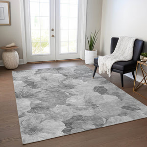HomeRoots 5' Timeless Floral Charcoal Area Rug - Machine Washable, Durable for Indoor & Outdoor Use, Versatile Gray 5' x 7'6" 611442