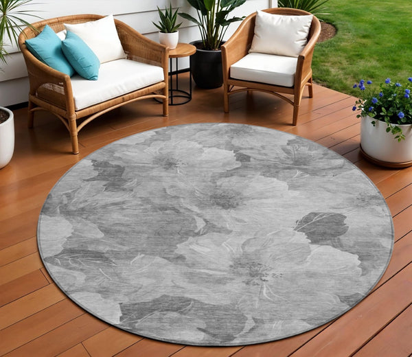 HomeRoots 5' Timeless Floral Charcoal Area Rug - Machine Washable, Durable for Indoor & Outdoor Use, Versatile Gray 8' x 8' 611443