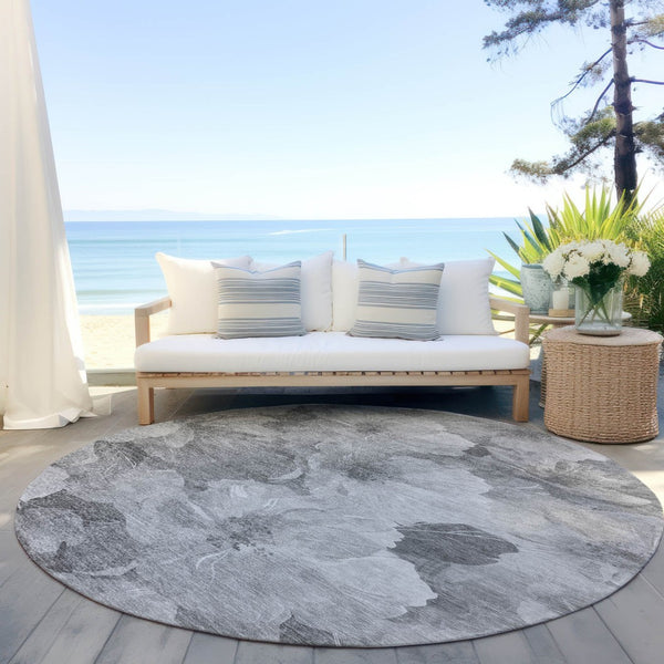 HomeRoots 5' Timeless Floral Charcoal Area Rug - Machine Washable, Durable for Indoor & Outdoor Use, Versatile Gray 8' x 8' 611443