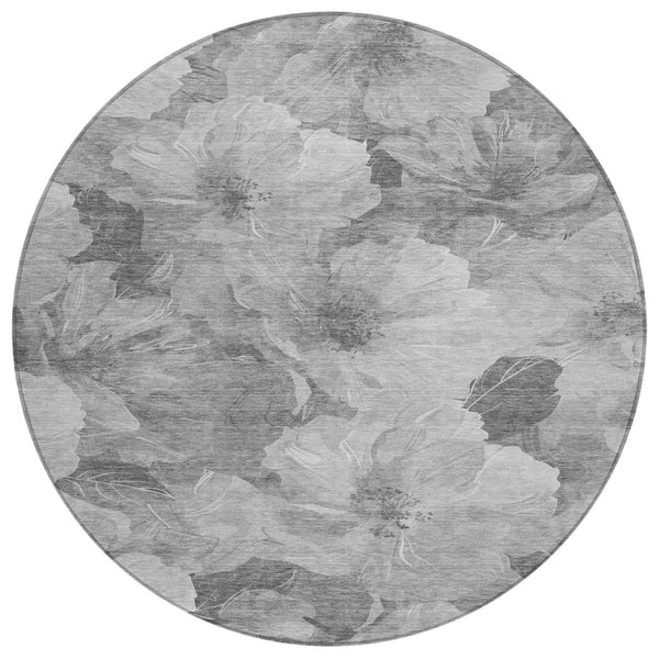 HomeRoots 5' Timeless Floral Charcoal Area Rug - Machine Washable, Durable for Indoor & Outdoor Use, Versatile Gray 8' x 8' 611443
