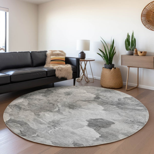 HomeRoots 5' Timeless Floral Charcoal Area Rug - Machine Washable, Durable for Indoor & Outdoor Use, Versatile Gray 8' x 8' 611443
