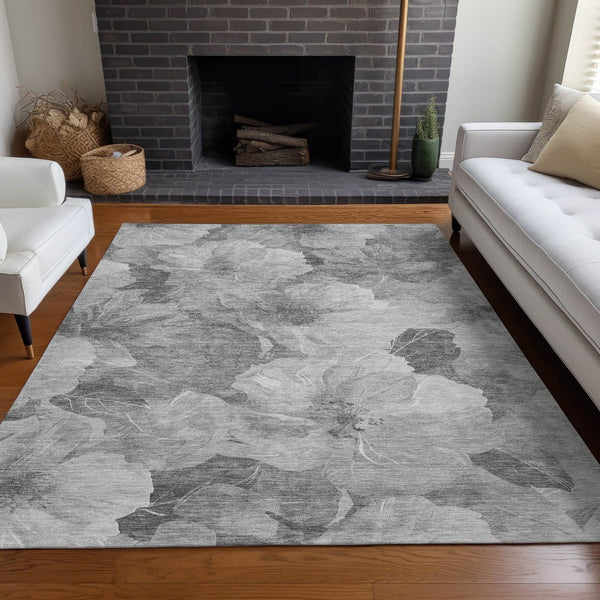 HomeRoots 5' Timeless Floral Charcoal Area Rug - Machine Washable, Durable for Indoor & Outdoor Use, Versatile Gray 10' x 14' 611446
