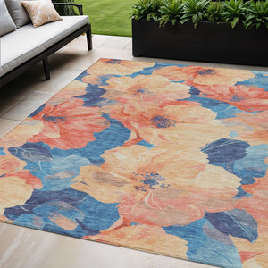 HomeRoots 5' Timeless Floral Charcoal Area Rug - Machine Washable, Durable for Indoor & Outdoor Use, Versatile Peach 5' x 7'6" 611454