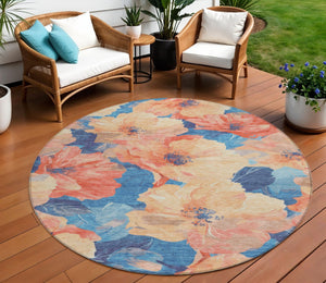 HomeRoots 5' Timeless Floral Charcoal Area Rug - Machine Washable, Durable for Indoor & Outdoor Use, Versatile Peach 8' x 8' 611455